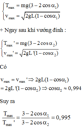 Con lắc đơn gồm vật có khối lượng m, dây dài l=100 cm. Kéo con lắc khỏi vị trí cân bằng tới A ứng với góc lệch α1=5° rồi thả nhẹ. Khi con lắc qua vị trí cân bằng, dây treo bị vướng vào một cái đinh ở I' với khoảng cách II'=40cm, sau đó vật chuyển động tới vị trí cao nhất B ứng với góc lệch α2. Tỉ số lực căng dây treo ngay trước và ngay sau khi vướng đinh là bao nhiêu ?