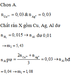 Cho m<sub>1</sub> gam Al vào 100 ml dung dịch gồm Cu(NO<sub>3</sub>)<sub>2</sub> 0,3M và AgNO<sub>3</sub> 0,3M. Sau khi các phản ứng xảy ra hoàn toàn thì thu được m<sub>2</sub> gam chất rắn X. Nếu cho m<sub>2</sub> gam X tác dụng với lượng dư dung dịch HCl thì thu được 0,336 lít khí (ở đktc). Giá trị của m<sub>1</sub> và m<sub>2</sub> lần lượt là