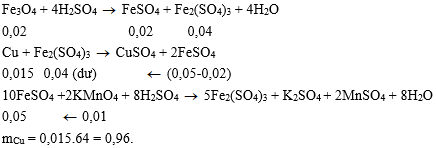 Hoà tan hh bột gồm m gam Cu và 4,64 gam Fe<sub>3</sub>O<sub>4</sub> vào dd H<sub>2</sub>SO<sub>4</sub> (loãng, rất dư), sau khi các phản ứng kết thúc chỉ thu được dd X. Dung dịch X làm mất màu vừa đủ 100 ml dd KMnO<sub>4</sub> 0,1M. Giá trị của m là