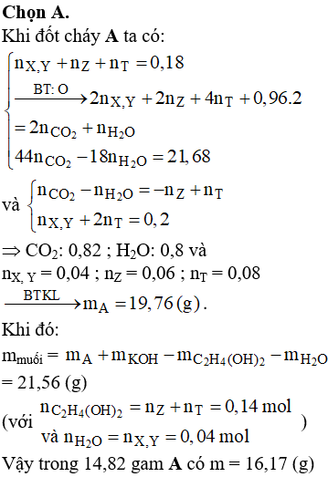 Hỗn hợp A gồm các chất X, Y, Z, T đều no, mạch hở. Trong đó X, Y là hai axit cacboxylic đơn chức, Z là ancol 2 chức, T là este tạo bởi X, Y, Z. Đốt cháy hoàn toàn 0,18 mol A cần 21,504 lít khí O<sub>2</sub> (đktc), khối lượng của CO<sub>2</sub> thu được lớn hơn khối lượng H<sub>2</sub>O là 21,68 gam. Biết 0,18 mol A tác dụng tối đa với 0,2 mol NaOH. Khi cho 14,82 gam A tác dụng vừa đủ với dung dịch KOH, thu được một ancol duy nhất có 2 nguyên tử cacbon và m gam muối. Giá trị của m gần nhất với giá trị nào sau đây?