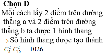 Cho hai đường thẳng song song a và b. Trên a có 8 điểm phân biệt, trên b có 10 điểm phân biệt. Hỏi có bao nhiêu hình thang được tạo thành từ 18 điểm trên?