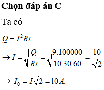 Một dòng điện xoay chiều chạy qua điện trở R = 10. Biết nhiệt lượng tỏa ra trong 30 phút là 105J. Biên độ dao động của cường độ dòng điện bằng