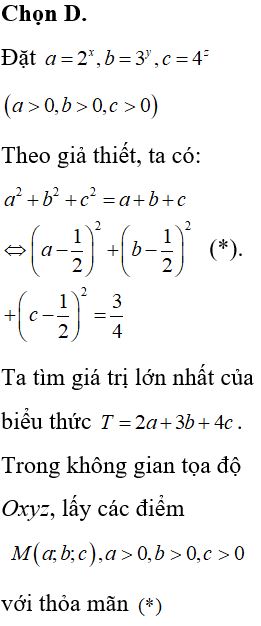 Cho x, y, z là các số thực thỏa mãn điều kiện 4x + 9y + 16z = 2x + 3y+ 4z. Tìm giá trị lớn nhất của biểu thức T = 2x+1 + 3y+1 + 4z+1