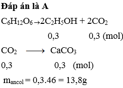 Lên men rượu glucozơ tạo thành ancol X và khí Y. Dẫn toàn bộ Y lội từ từ qua nước vôi trong dư, thu được 30 gam kết tủa. Biết hiệu suất lên men là 60%, khối lượng của X thu được là