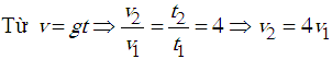Thả không vận tốc ban đầu, hai vật rơi tự do đồng thời từ độ cao s<sub>1</sub>, s<sub>2</sub>. Vật thứ nhất chạm đất với vận tốc v<sub>1</sub>. Thời gian rơi của vật thứ hai gấp 4 lần thời gian rơi của vật thứ nhất. Vận tốc chạm đất v<sub>2</sub> của vật thứ hai là: