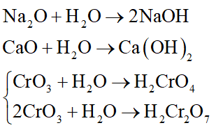 Cho dãy các oxit sau: Na<sub>2</sub>O, Al<sub>2</sub>O<sub>3</sub>, Cr<sub>2</sub>O<sub>3</sub>, CaO, CrO<sub>3</sub>, MgO. Số oxit trong dãy tác dụng với nước ở điều kiện thường là: