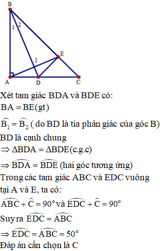 Cho tam giác ABC có A^=90o,B^=50o, tia phân giác BD của góc B(D∈AC). Trên cạnh BC lấy điểm E sao cho BE=BA. Tính số đo góc EDC