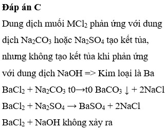 M là kim loại trong số các kim loại sau: Cu Ba, Zn, Mg. Dung dịch muối MCl2 phản ứng với dung dịch Na2CO3 hoặc Na2SO4 tạo kết tủa, nhưng không tạo kết tủa khi phản ứng với dung dịch NaOH. Kim loại M là