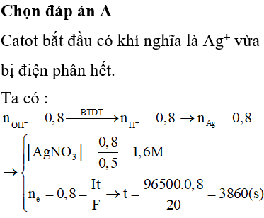 Điện phân 500 ml dung dịch AgNO<sub>3</sub> với điện cực trơ, I = 20A cho đến khi catot bắt đầu có khí thoát ra thì ngừng. Để trung hòa dung dịch sau điện phân cần dùng vừa đủ 800 ml NaOH 1M. Nồng độ mol/l của dung dịch AgNO3 và thời gian điện phân là: