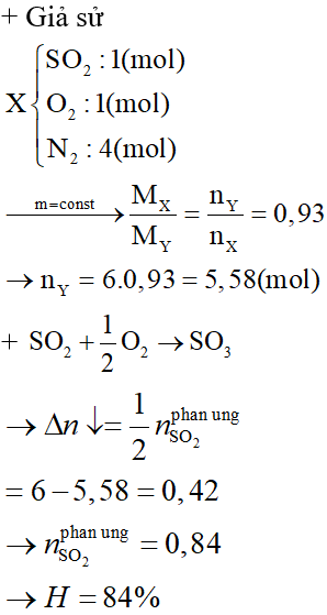 Hỗn hợp khí X gồm SO<sub>2</sub> và không khí có tỉ lệ thể tích tương ứng là 1:5. Đun nóng hỗn hợp X với xúc tác V<sub>2</sub>O<sub>5</sub> trong một bình kín có dung tích không đổi thu được hỗn hợp khí Y. Tỉ khối hơi của X so với Y là 0,93. Không khí có 20% thể tích là O<sub>2</sub> và 80% thể tích là N<sub>2</sub>. Hiệu suất của phản ứng oxi hóa SO<sub>2</sub> là