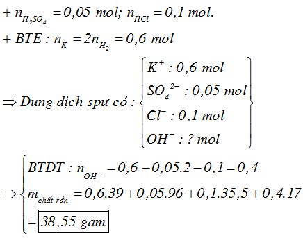 Hòa tan hoàn toàn m gam K vào 100 ml dung dịch Y gồm H<sub>2</sub>SO<sub>4</sub> 0,5M và HCl 1M, thấy thoát ra 6,72 lít khí (đktc). Hỏi cô cạn dung dịch sau phản ứng thu được bao nhiêu gam chất rắn?