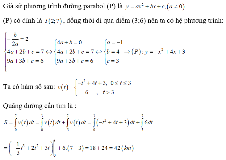 Một vật chuyển động trong 7 giờ với vận tốc v(km/h) phụ thuộc vào thời gian t(h) có đồ thị của vận tốc như hình dưới đây. Trong khoảng thời gian 3 giờ kể từ bắt đầu chuyển động, đồ thị là phần Parabol có đỉnh I(2;7), trục đối xứng song song với trục tung, khoảng thời gian còn lại đồ thị là đoạn thẳng song song trục hoành. Tính quãng đường S mà vật di chuyển trong 7 giờ đó.
