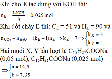 Thủy phân hoàn toàn m gam chất béo E cần vừa đủ 150 ml dung dịch KOH 0,5M, thu được dung dịch chứa a gam muối X và b gam muối Y (M<sub>X</sub> < M<sub>Y</sub>, trong mỗi phân tử muối có không quá ba liên kết π, X và Y có cùng số nguyên tử C, số mol của X lớn hơn số mol của Y). Mặt khác, đốt cháy hoàn toàn m gam E, thu được 28,56 lít CO<sub>2</sub> (đktc) và 20,25 gam H<sub>2</sub>O. Giá trị của a và b lần lượt là