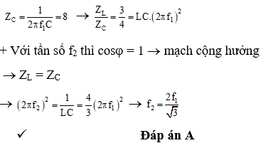 Đặt điện áp u = U2cos2πft (U không đổi, tần số f thay đổi được) vào hai đầu đoạn mạch mắc nối tiếp gồm điện trở thuần R, cuộn cảm thuần có độ tự cảm L và tụ điện có điện dung C. Khi tần số là f<sub>1</sub> thì cảm kháng và dung kháng của đoạn mạch có giá trị lần lượt là 6 Ω và 8 Ω. Khi tần số là f<sub>2</sub> thì hệ số công suất của đoạn mạch bằng 1. Hệ thức liên hệ giữa f<sub>1</sub> và f<sub>2</sub> là