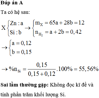 Cho 12 gam hỗn hợp X gồm Zn và Si tác dụng hoàn toàn với dung dịch NaOH dư, thu được 9,408 lít H<sub>2</sub> (đktc). Phần trăm số mol của Si trong X là