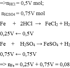 Để hoà tan vừa hết 4,48 gam Fe phải dùng bao nhiêu ml dung dịch hỗn hợp HCl 0,5M và H2SO4 0,75M?