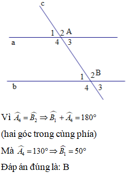 Chọn đáp án đúngCho hình vẽ:Nếu A4^=B2^ và A4^=130° thì B1^ bằng bao nhiêu?