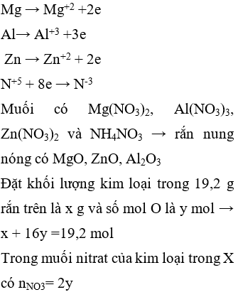 Hòa tan hết hỗn hợp kim loại ( Mg, Al, Zn) trong dung dịch HNO3 loãng vừa đủ thu được dung dịch X và không có khí thoát ra. Cô cạn cẩn thận dung dịch X thu được m gam muối khan ( trong đó oxi chiếm 61,364% về khối lượng ). Nung m gam muối khan nói trên tới khối lượng không đổi thu được 19,2 gam chất rắn. Giá trị của m gần nhất với giá trị nào sau đây