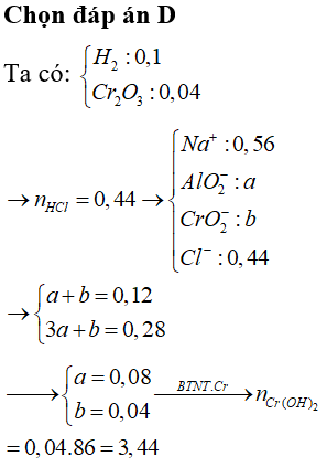 Nung hỗn hợp gồm Al và 0,04 mol Cr<sub>2</sub>O<sub>3</sub> một thời gian, thu được hỗn hợp rắn X. Hòa tan hoàn toàn X trong dung dịch HCl đặc, nóng, vừa đủ (không có không khí) thu được 0,1 mol khí H<sub>2</sub> và dung dịch Y. Y phản ứng tối đa với 0,56 mol NaOH thu được m gam kết tủa (biết các phản ứng xảy ra hoàn toàn, trong điều kiện không có không khí). Giá trị m là: