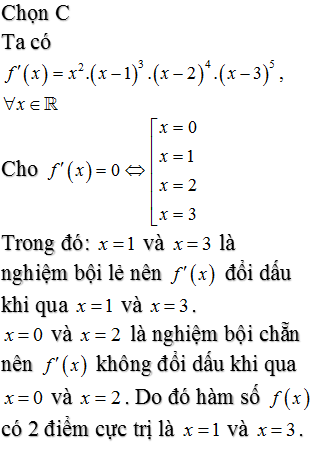 Cho hàm số f(x) có đạo hàm f'(x)=x2(x-1)3(x-2)4(x-3)5, ∀x∈ℝ. Số điểm cực trị của hàm số đã cho là