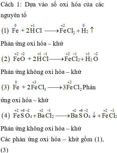 Cho các phương trình hóa học sau:(1) Fe+2HCl→FeCl2+H2(2) FeO+2HCl→FeCl2+H2O(3) Fe+2FeCl3→3FeCl2(4) FeSO4+BaCl2→BaSO4↓+FeCl2 Số phản ứng oxi hóa – khử là