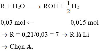 Cho 0,21g kim loại kiềm R tác dụng với nước dư. SAu phản ứng thu được 0,336 lít khí H<sub>2</sub> ở đktC. R là: