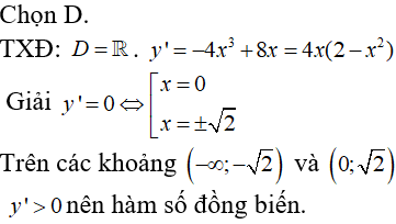 Cho hàm số y = -x4 + 4x2 + 10 và các khoảng sau: