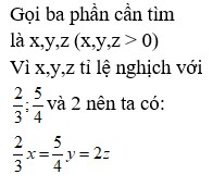 Chia 1316 thành ba phần tỉ lệ nghịch với 23;54 và 2 . Phần lớn nhất là: