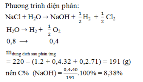 Đem điện phân 200ml dung dịch NaCl 2M (d = 1,1g/ml) với điện cực bằng than có màng ngăn xốp và dung dịch luôn luôn được khuấy đều. Khí ở catot thoát ra 22,4 lít khí đo ở điều kiện tiêu chuẩn thì ngừng điện phân. Cho biết nồng độ phần trăm của dung dịch NaOH sau điện phân: