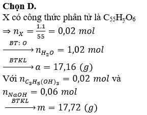 Thủy phân hoàn toàn a gam triglixerit X trong dung dịch NaOH, thu được glixerol và dung dịch chứa m gam hỗn hợp muối (gồm natri stearat; natri panmitat và C<sub>17</sub>H<sub>y</sub>COONa). Đốt cháy hoàn toàn a gam X cần 1,55 mol O<sub>2</sub>, thu được H<sub>2</sub>O và 1,1 mol CO<sub>2</sub>. Giá trị của m là