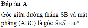 Cho khối chóp S.ABC có SA vuông góc với mặt phẳng (ABC) và SA=a. Đáy ABC thỏa mãn AB=a3 (tham khảo hình vẽ). Tìm số đo góc giữa đường thẳng SB và mặt phẳng (ABC)