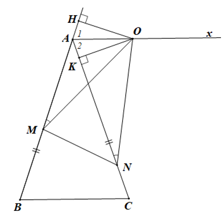 Cho ∆ABC cân tại A. Vẽ tia Ax // BC như hình bên. Lấy điểm O trên tia Ax, điểm M trên AB và điểm N trên AC sao cho AMO^=ANO^. Hỏi ∆OMN là tam giác gì?