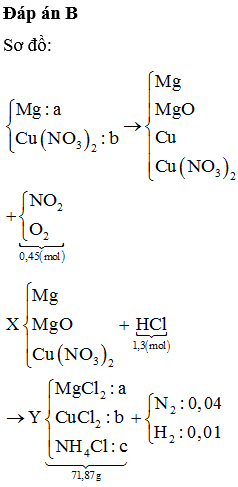 Nung m gam hỗn hợp gồm Mg và Cu(NO<sub>3</sub>)<sub>2</sub> trong điều kiện không có không khí, sau một thời gian thu được chất rắn X và 10,08 lít (đktc) hỗn hợp khí gồm NO<sub>2 </sub>và O<sub>2</sub>. Hòa tan hoàn toàn X bằng 650 ml dung dịch HCl 2M, thu được dung dịch Y chỉ chứa 71,87 gam muối clorua và 0,05 mol hỗn hợp khí Z gồm N<sub>2</sub> và H<sub>2</sub>. Tỉ khối của Z so với He bằng 5,7. Giá trị của m gần giá trị nào nhất sau đây?