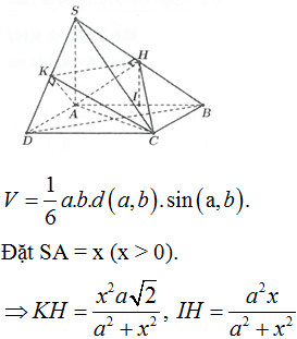 Cho hình vuông ABCD cạnh a, trên đường thẳng vuông góc với (ABCD) tại A ta lấy điểm S di động. Hình chiếu vuông góc của A lên SB, SD lần lượt là H, K. Thể tích lớn nhất của tứ diện ACHK bằng