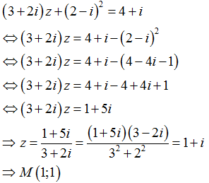 Cho số phức z thỏa mãn phương trình 3+2iz+z-i2=4+i. Tìm tọa độ điểm M biểu diễn số phức z.