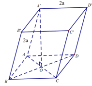 Cho hình hộp ABCD.A'B'C'D' có tất cả các cạnh đều bằng 2a, đáy ABCD là hình vuông. Hình chiếu vuông góc của đỉnh A' lên mặt phẳng đáy trùng với tâm của đáy. Tính theo a thể tích V của khối hộp đã cho.