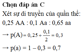 Xét một quần thể có 2 alen (A, a). Quần thể khởi đầu có số cá thể tương ứng với từng loại kiều gen là: 65AA:26Aa:169aa. Tần số tương đối của mỗi alen trong quần thể này là: