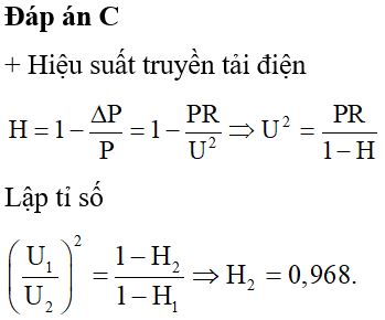 Điện năng ở một trạm phát điện khi được truyền đi dưới điện áp 20kV (ở đầu đường dây tải) thì hiệu suất của quá trình truyền tải điện là 80%. Coi công suất truyền đi là không đổi. Khi tăng điện áp đường dây lên đến 50kV thì hiệu suất truyền tải điện là: