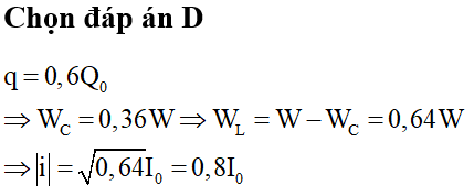 Một mạch dao động LC lí tưởng có điện áp cực đại giữa hai bản tụ điện là U0. Tại thời điểm điện tích trên một bản tụ có độ lớn bằng 0,6 giá trị cực đại thì khi cường độ dòng điện trong mạch có giá trị