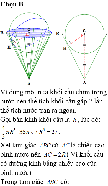 Một bình đựng nước dạng hình nón (không có đáy) đựng đầy nước. Người ta thả vào đó một khối cầu có đường kính bằng chiều cao của bình nước và đo được thể tích nước tràn ra ngoài là 18πdm3.Biết khối cầu tiếp xúc với tất cả các đường sinh của hình nón và đúng một nửa khối cầu chìm trong nước. Tính thể tích nước còn lại trong bình.