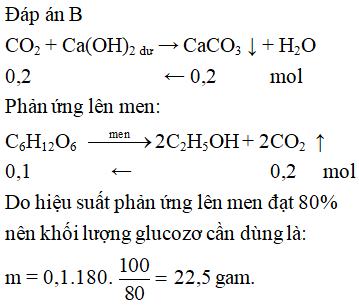 Cho m gam glucozơ lên men thành etanol với hiệu suất 80%.Hấp thụ hoàn toàn khí CO2sinh ra vào dd nước vôi trong dư thu được 20g kết tủa.Giá trị m là