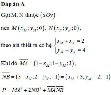 Trong không gian Oxyz, cho hai điểm A(1;1;3), B(5;2;-1) và hai điểm M, N thay đổi trên mặt phẳng (Oxy) sao cho điểm I(1;2;0) luôn là trung điểm của MN. Khi biểu thức P=MA2+2NB2+MA¯.NB¯ đạt giá trị nhỏ nhất. Tính T=2xM−4xN+7yM−yN.