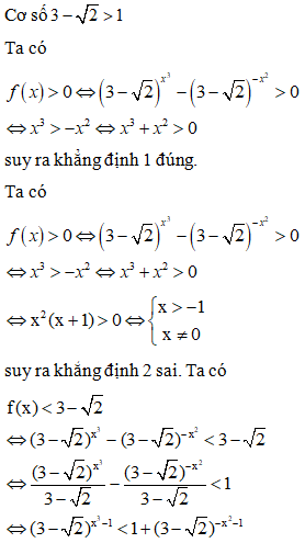 Cho hàm số f(x)=(3−2)x3−3−2−x2. Xét các khẳng định sau: Khẳng định 1: f(x)>0⇔x3+x2>0 Khẳng định 2: f(x)>0⇔x>−1 Khẳng định 3: f(x)<3−2⇔(3−2)x3−1<1+3+27x2+1 Khẳng định 4: f(x)<3+2⇔(3−2)x3+1<(3−2)1−x2+7 Trong các khẳng định trên, có bao nhiêu khẳng định đúng?