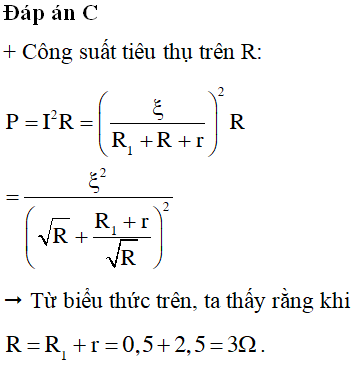 Cho một mạch điện kín gồm nguồn điện có suất điện động ξ = 12 V, điện trở trong r = 2,5 Ω, mạch ngoài gồm điện trở R1 = 0,5 Ω mắc nối tiếp với một điện trở R. Để công suất tiêu thụ trên điện trở R đạt giá trị lớn nhất thì điện trở R phải có giá trị: