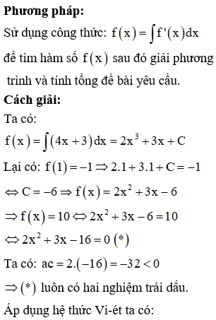 Cho hàm số f(x) xác định trên R thỏa mãn f'x=4x+3 và f1=−1. Biết rằng phương trình fx=10 có hai nghiệm thực x1,  x2. Tính tổng log2x1+log2x2