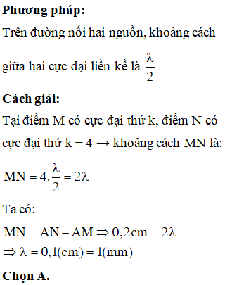 Trong thí nghiệm giao thoa sóng ở mặt nước, 2 nguồn kết hợp A và B dao động cùng pha. Hai điểm M, N nằm trên đoạn AB là 2 điểm dao động cực đại lần lượt là thứ k và k + 4. Biết MA=1,2 cm; NA=1,4 cm. Bước sóng là