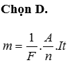 Muốn mạ đồng một tấm sắt có diện tích 15cm2, người ta dùng nó làm catôt của một bình điện phân đựng dung dịch CuSO4 với anôt là một thanh đồng nguyên chất và cho dòng điện có cường độ I = 4A chạy trong 1 giờ 20 phút 25 giây. Cho biết khối lượng riêng của đồng là D=8,9.103kg/m3. Bề dày của lớp đồng bám trên mặt tấm sắt bằng