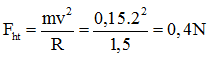 Một vật nhỏ khối lượng 150 g chuyển động tròn đều trên quỹ đạo bán kính 1,5 m với tốc độ dài 2 m/s. Độ lớn lực hướng tâm gây ra chuyển động tròn của vật là