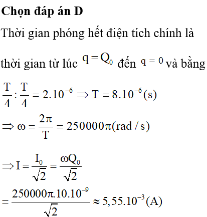 Một mạch dao động điện từ LC lí tưởng, ở thời điểm ban đầu điện tích trên tụ đạt cực đại 10 (nC). Thời gian để tụ phóng hết điện tích là 2 (μs). Cường độ hiệu dụng của dòng điện trong mạch là