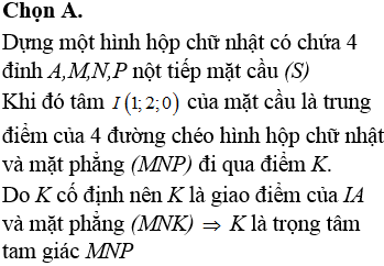 Trong không gian Oxyz, cho mặt cầu (S): (x-1)<sup>2</sup>+ (y-2)<sup>2</sup>+ z<sup>2</sup>=25 và một điểm A(a,b,c) nằm trên mặt cầu (S). Từ A vẽ ba tia đôi một vuông góc với nhau cắt mặt cầu (S) tại điểm thứ hai là M, N, P. Biết rằng mặt phẳng (MNP) luôn đi qua một điểm cố định K(1;1;3). Giá trị của biểu thức a + 7b + c bằng